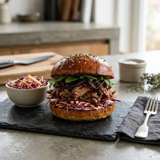 プルドダックバーガー、ほぐした鴨肉とレタスをはさんだバンズ