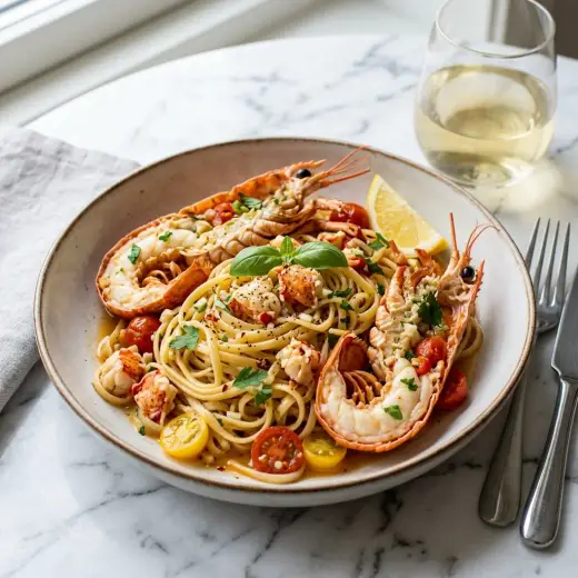 ラングスティーヌのパスタ、殻付きのラングスティーヌとスパゲッティを盛り付けた一皿