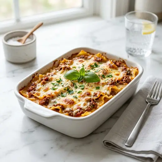 ラザネット、チーズがとろけたひき肉入りの幅広パスタをフライパンに盛った様子