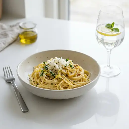 レモンとパルメザンチーズのパスタ、黒こしょうとレモンの皮を散らした一皿
