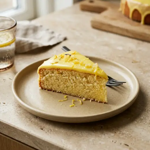 レモンケーキ、白いレモンアイシングをかけたパウンド型のケーキ
