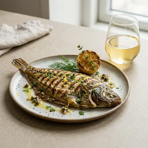 シタビラメのグリル、バターとレモンを添えた焼き魚の盛り付け