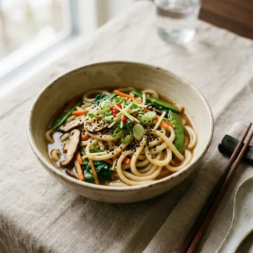 生姜入りうどん、おろし生姜と長ねぎ、油揚げをのせた温かいうどん