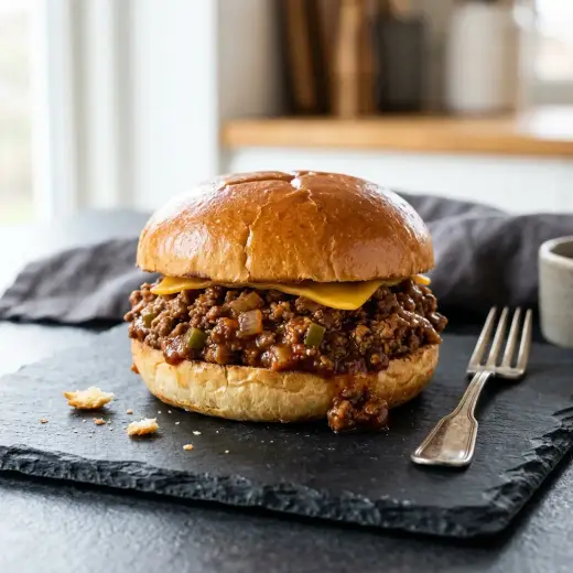 スロッピージョーサンド、ひき肉のソースがバンズからあふれるように挟まれた様子
