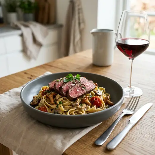 ステーキ入りパスタ、スライスした牛肉とパプリカをのせた一皿