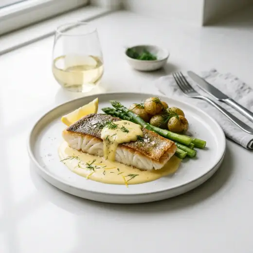 タラのオランデーズソース添え、黄色いソースがかかった焼きタラの盛り付け