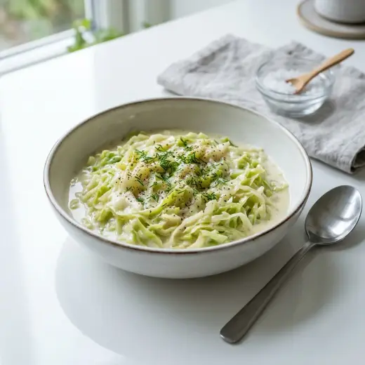 とんがりキャベツのクリーム煮、白いクリームソースにキャベツとベーコンが入った一皿