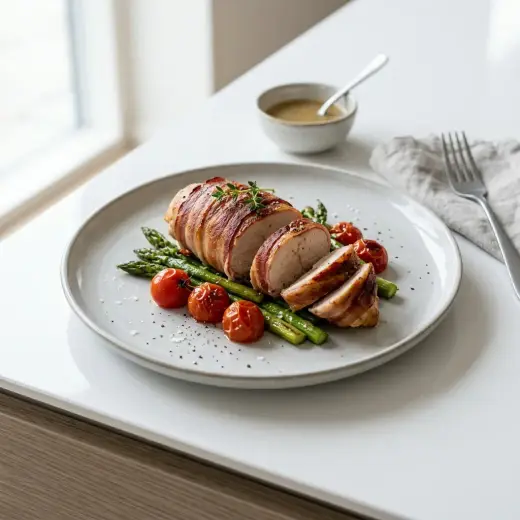 鶏胸肉のベーコン巻き、フライパンで焼き色がついた一口大のベーコン巻きを皿に盛りつけた様子