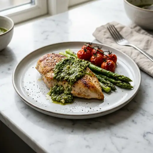 鶏胸肉のペスト添え、バジルペーストをのせた鶏肉とミニトマトを盛り付けた皿