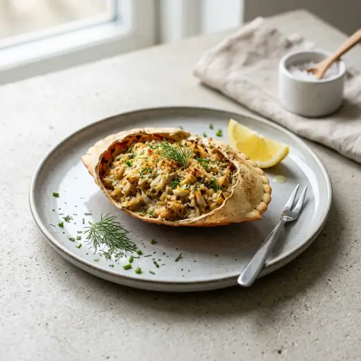 詰め物をしたカニのオーブン焼き、香ばしい焼き色がついた甲羅詰め2個