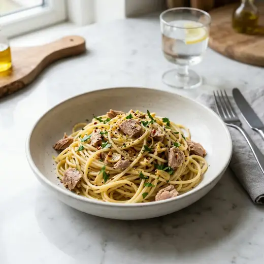 ツナとガーリックのパスタ、ツナとにんにくがパスタに絡んだ一皿