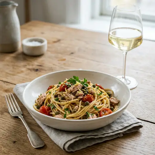ツナとケッパーのパスタ、フライパンで仕上げてお皿に盛り付けた様子