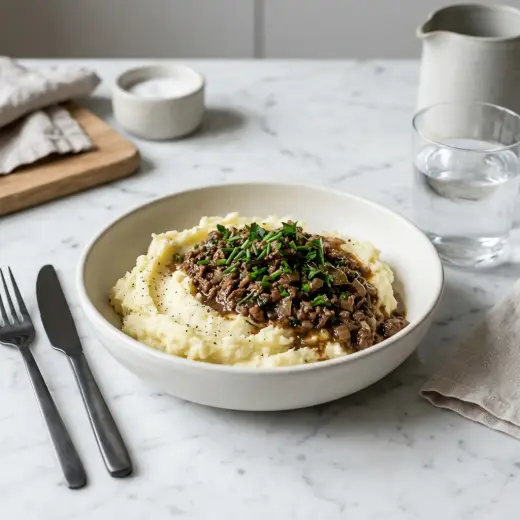 牛ひき肉のグレービー煮とマッシュポテト、マッシュの上にとろみのある肉ソースをかけた皿