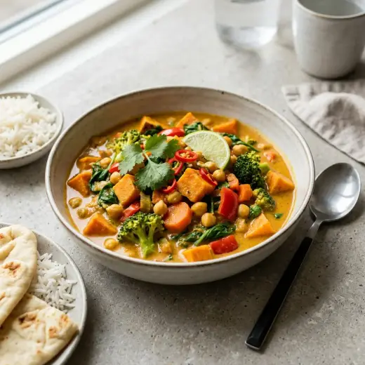 野菜カレー、ご飯にかけた彩りのよい一皿
