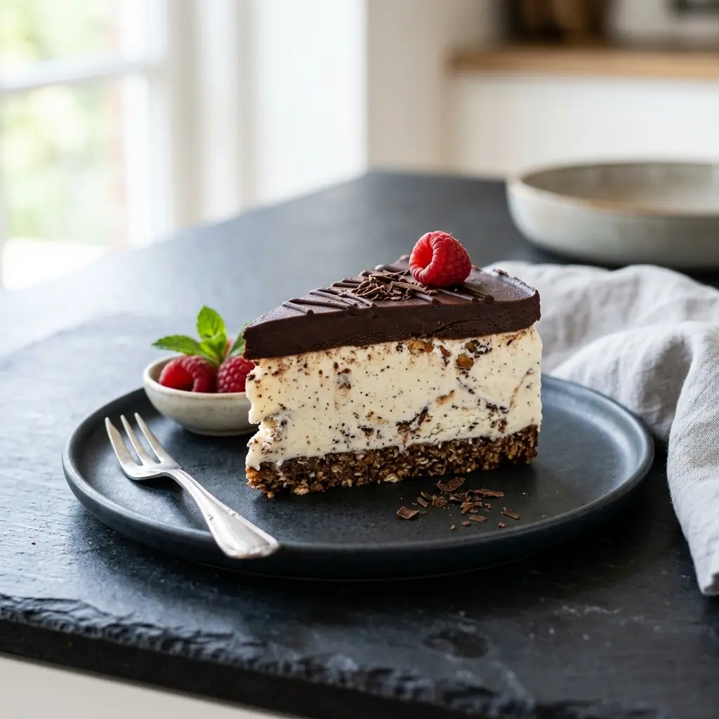 アイスクリームケーキ、生クリームとフルーツを飾った丸いケーキ