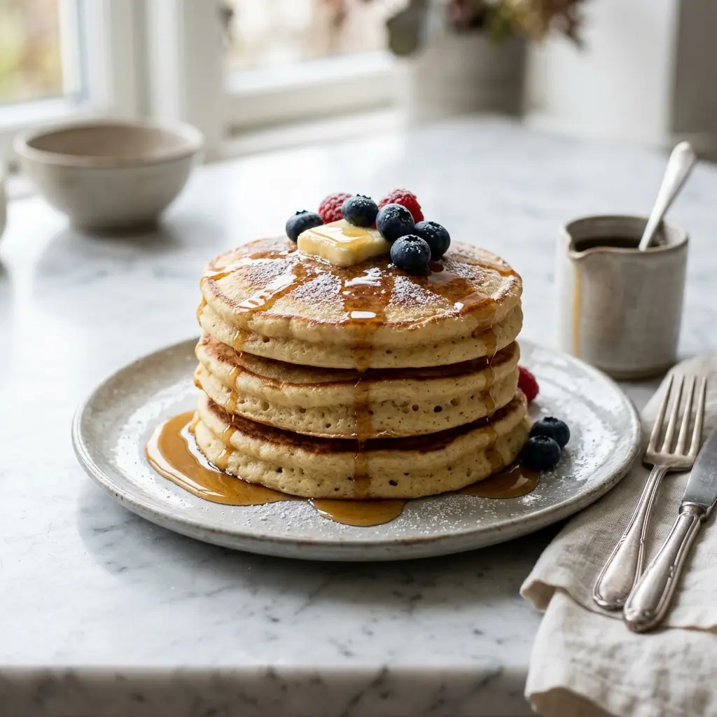 アメリカンパンケーキ、バターとメープルシロップをかけた厚焼き3枚重ね