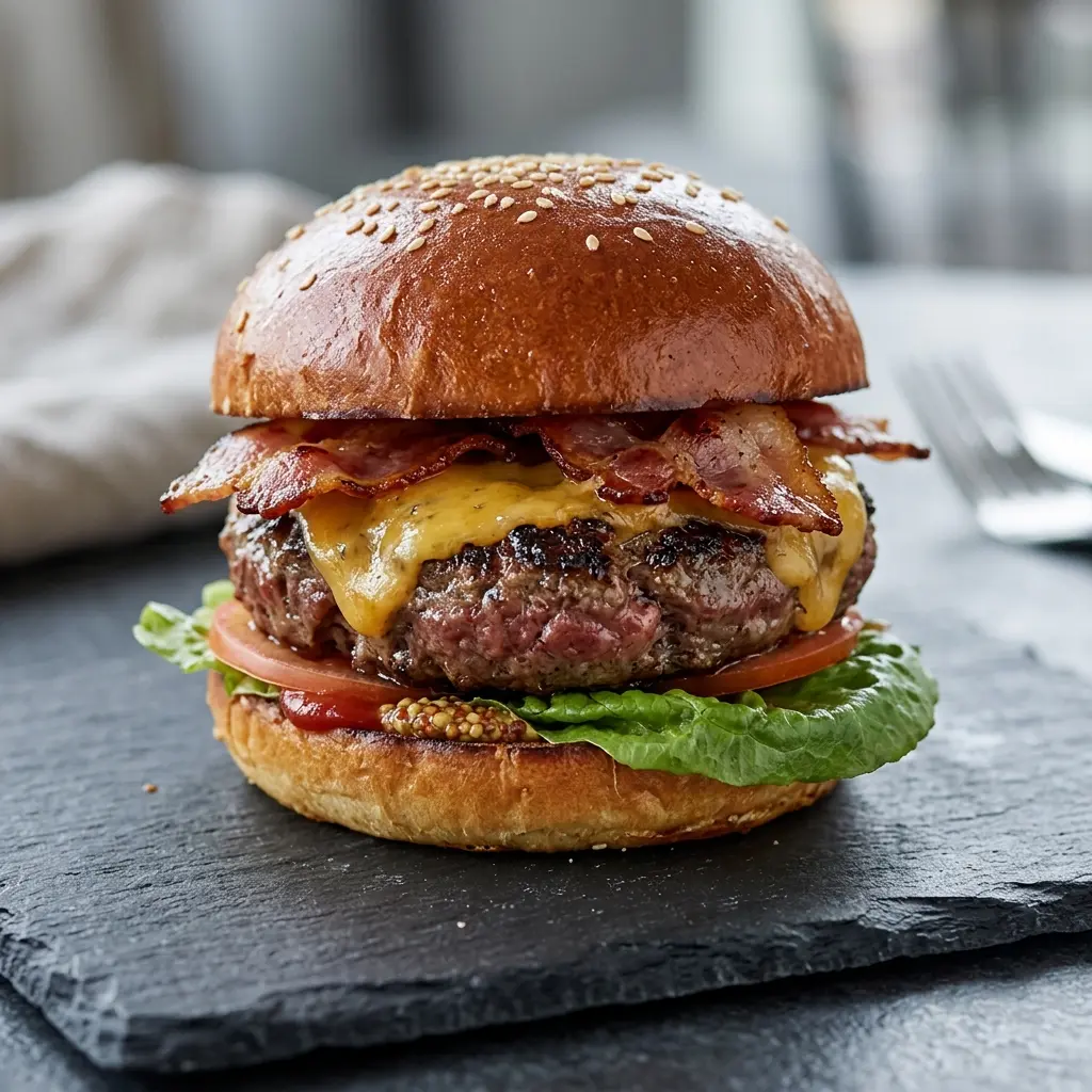 ベーコンチーズバーガー、パテにベーコンとチーズをのせて野菜と一緒にバンズで挟んだ2個