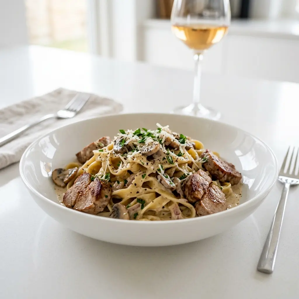 豚ヒレ肉のパスタ、玉ねぎとパセリを添えて白い皿に盛り付けた一皿