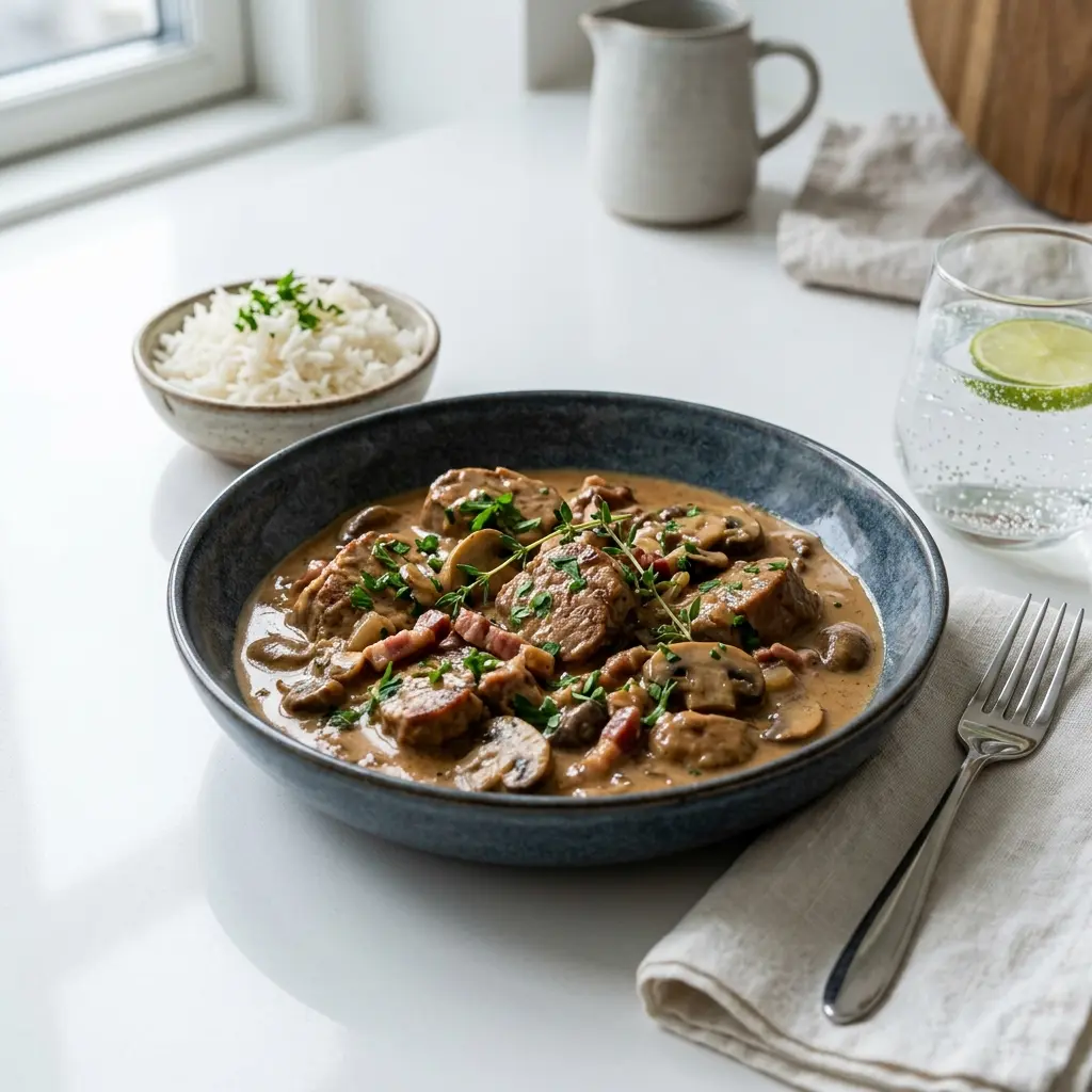 豚ヒレ肉のシチュー、じゃがいもとにんじん、マッシュルームが入った深皿