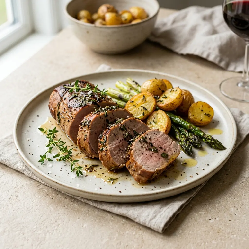 豚ヒレ肉のタイム添え、タイムをのせた厚切りのヒレ肉のソテー