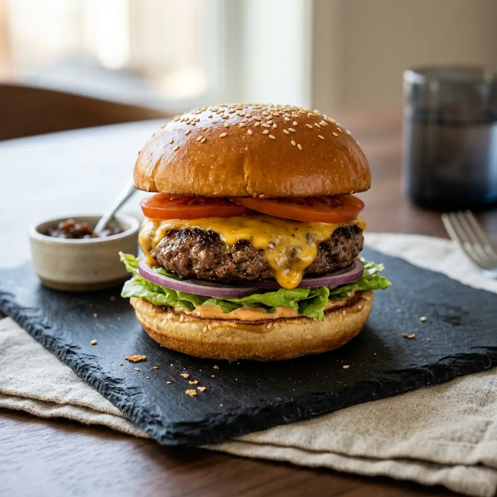 チーズバーガー、チーズがとろりと溶けたパティと野菜をバンズにはさんだ様子