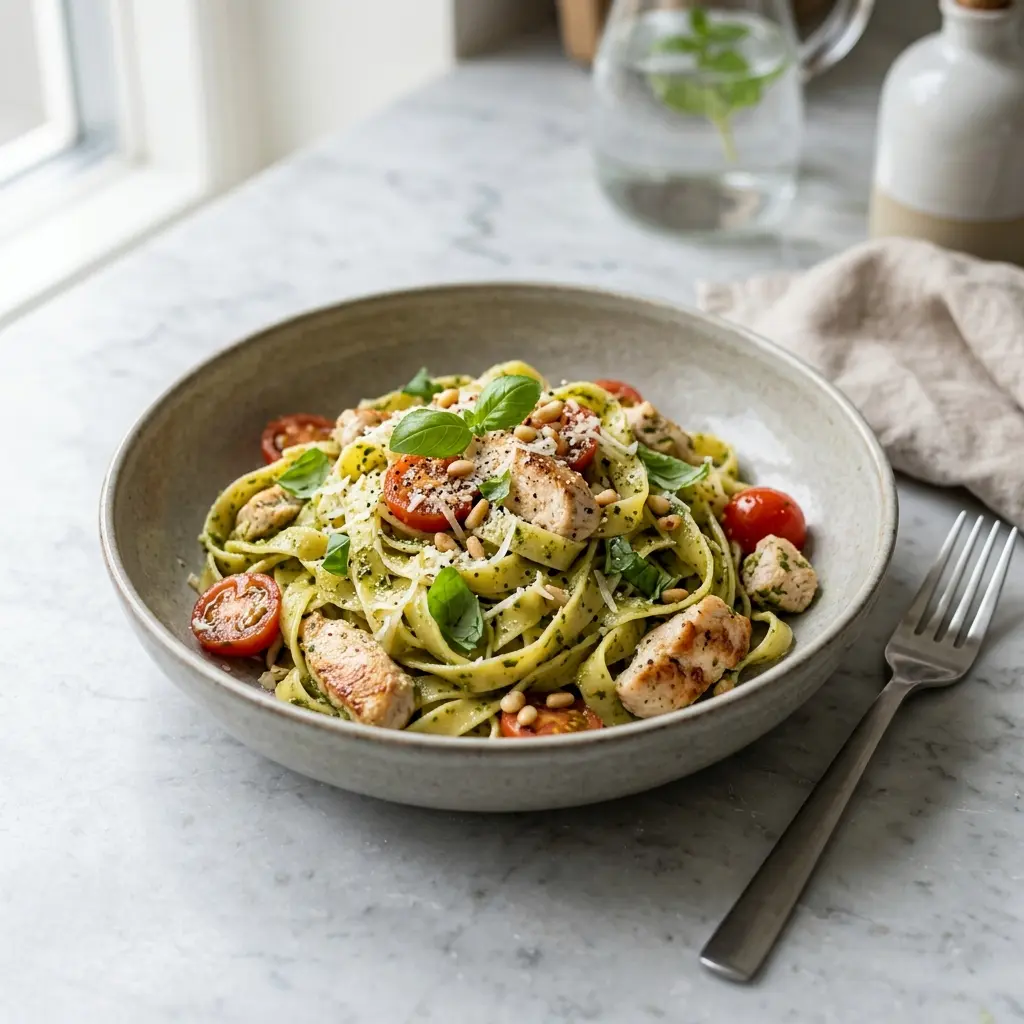 チキンとペストのパスタ、バジルソースがからんだパスタと一口大の鶏肉を盛った皿