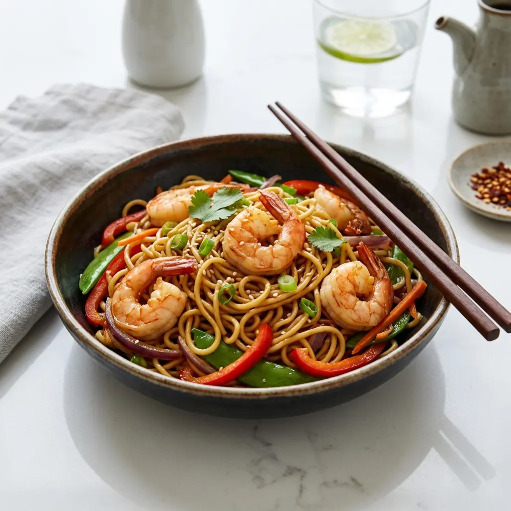 エビ入りアジアンヌードル、エビと野菜を炒めた中華麺を盛りつけた皿