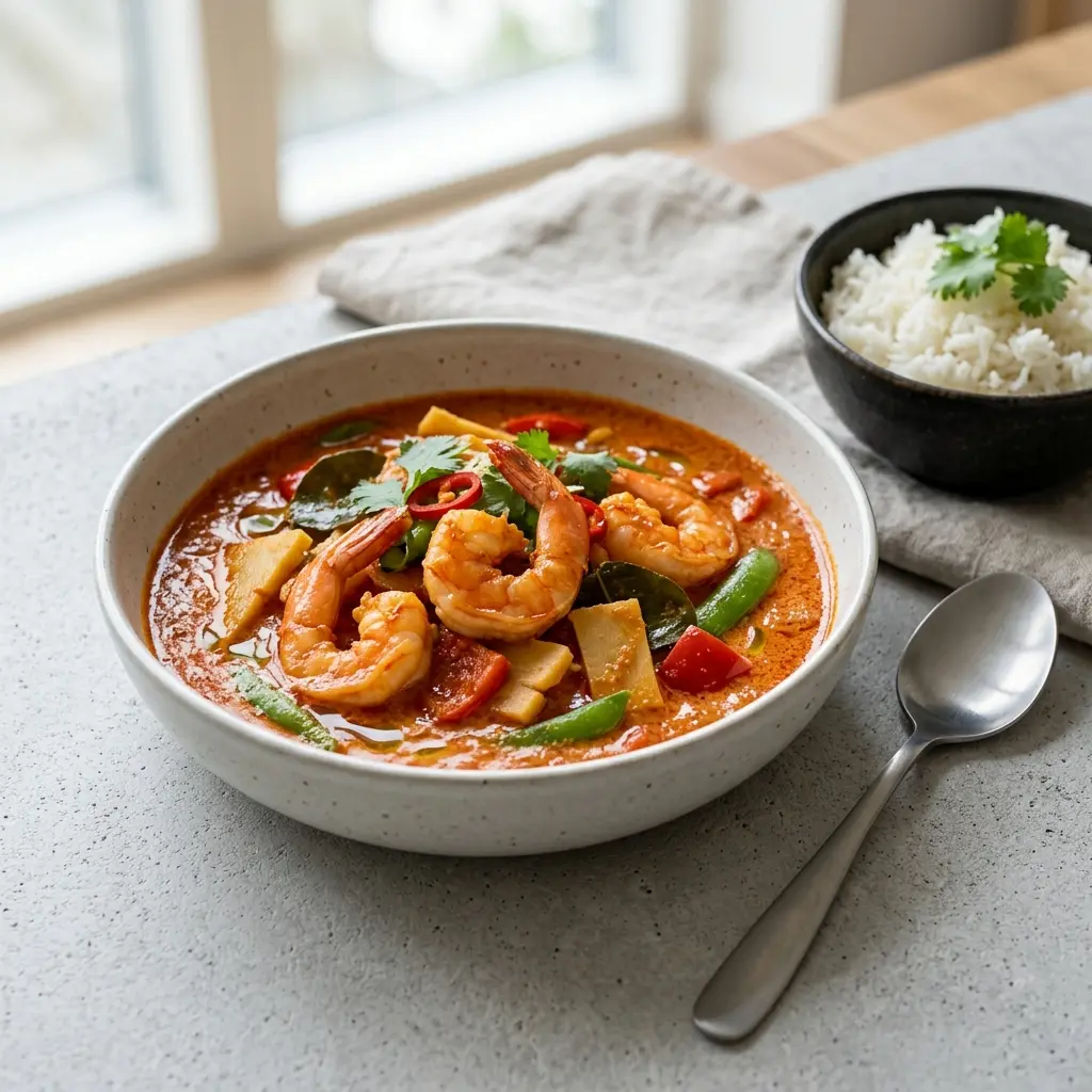 海老入りレッドカレー、ご飯に添えた赤いカレーと海老とパプリカ