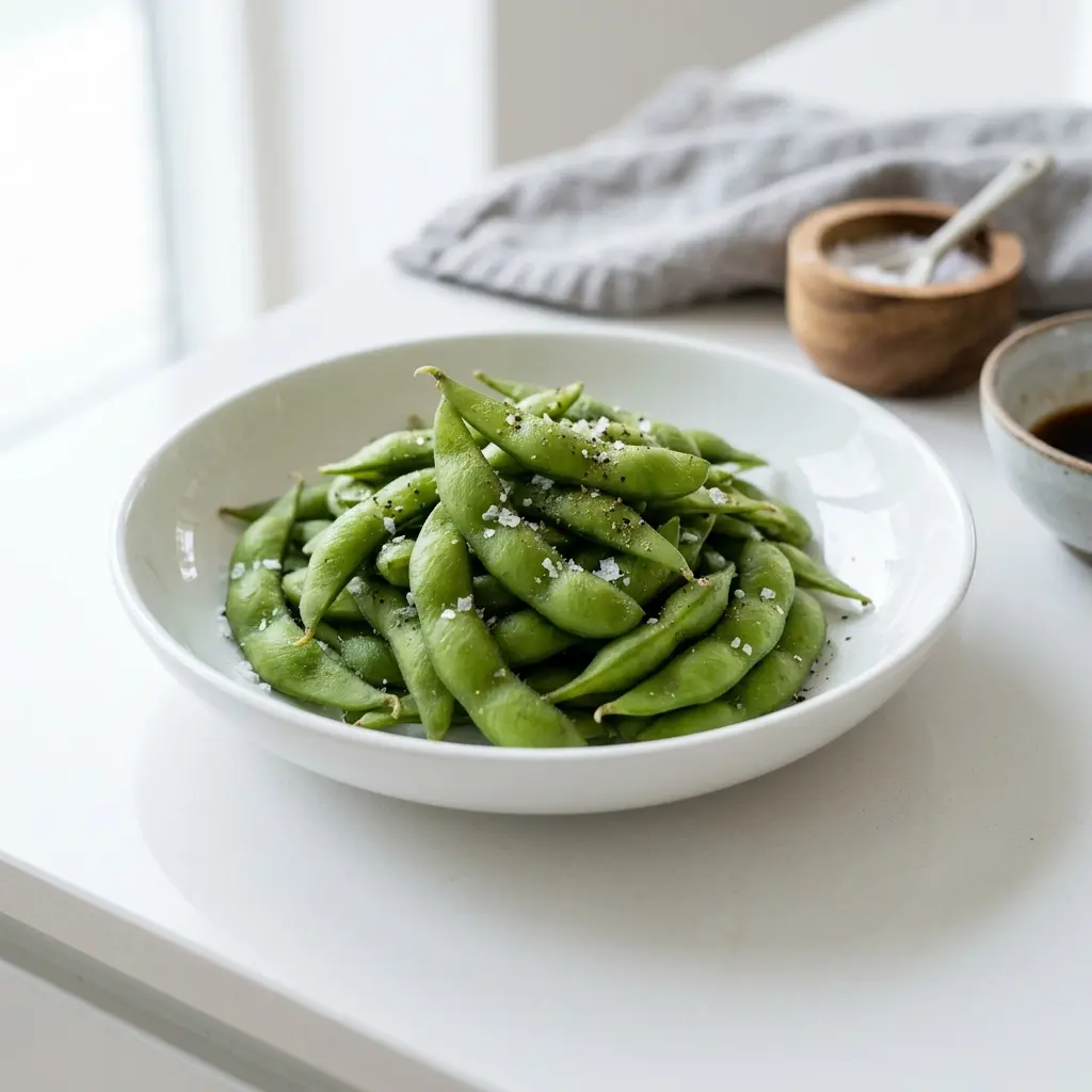 枝豆の塩茹で、鮮やかな緑色のさやを盛り付けたところ