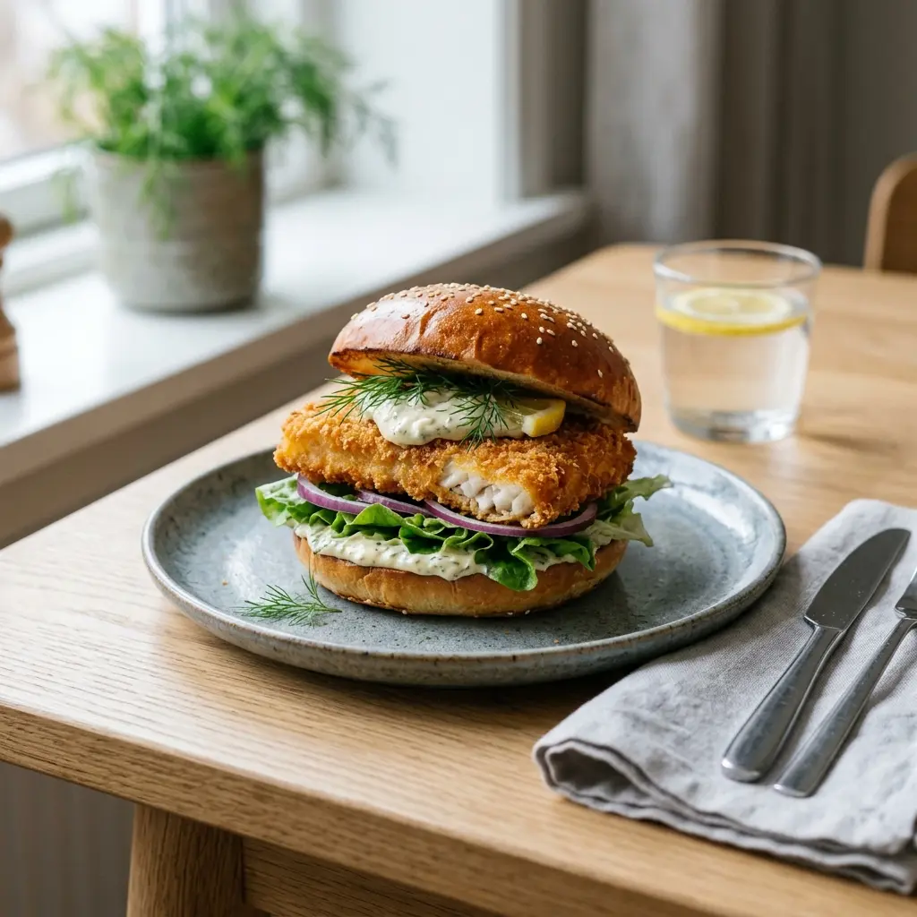 フィッシュバーガー、揚げた白身魚とレタス、チーズを挟んだバンズ