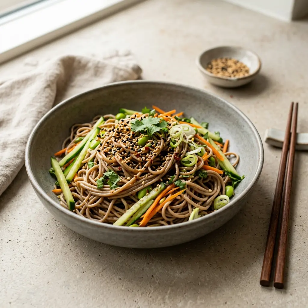 胡麻そば、きゅうりと刻み海苔をのせた冷たいそばの器