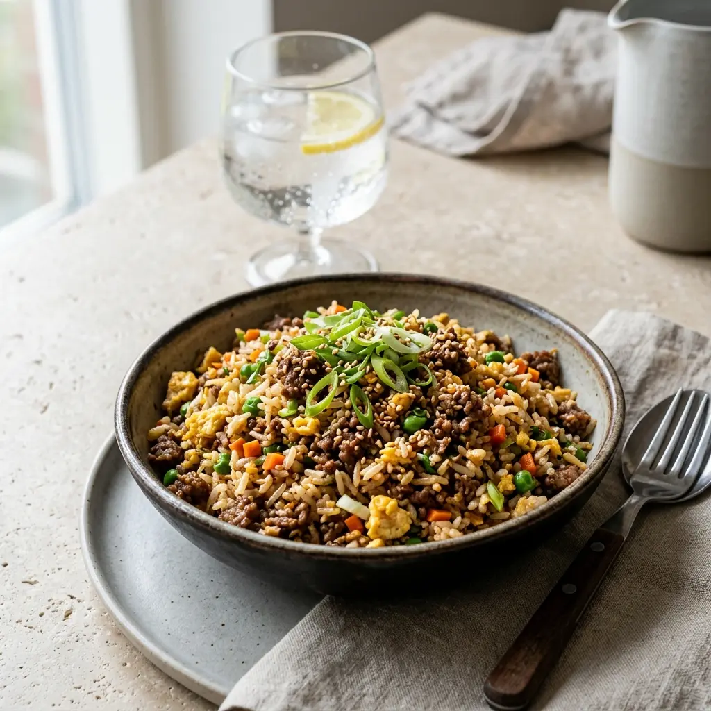 牛肉入りチャーハン、牛肉と卵とねぎがパラパラのご飯に混ざった皿