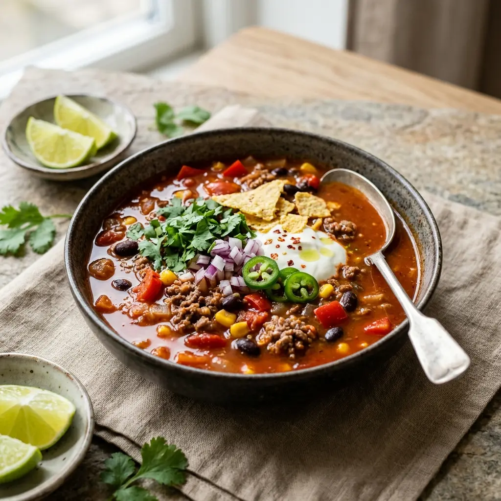 牛肉入りメキシカンスープ、トマト色のスープに豆とひき肉が入った器