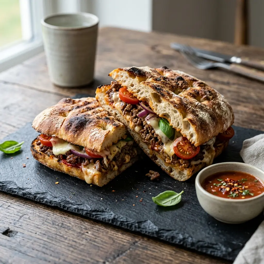 牛肉のピザサンドイッチ、チーズが溶けた焼きたてのサンドイッチ