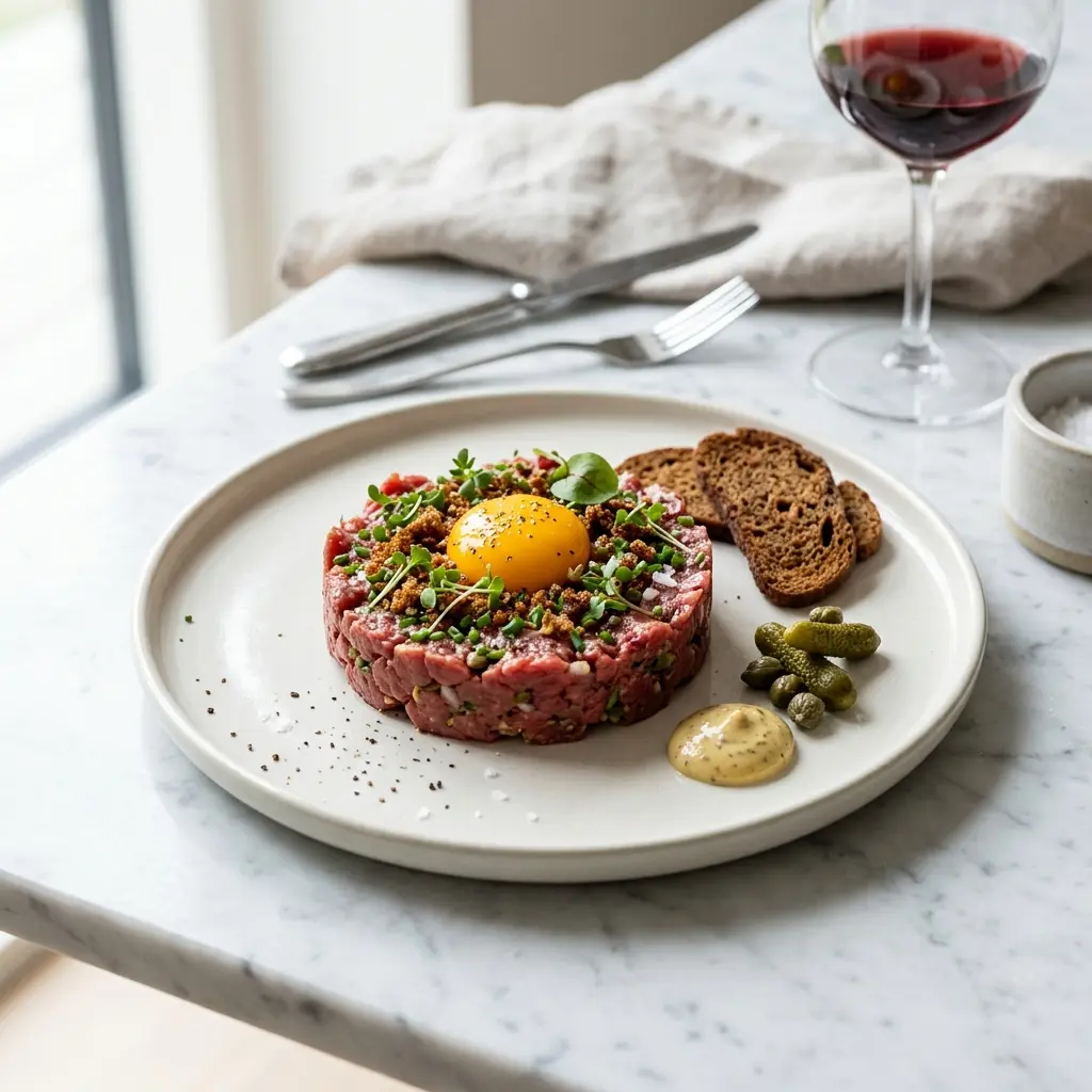 牛肉のタルタル、中央に卵黄をのせて丸く盛り付けた一皿
