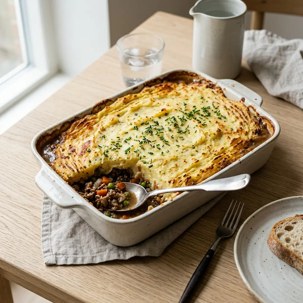 牛肉とマッシュポテトのオーブン焼き、チーズに焼き色がついた耐熱皿