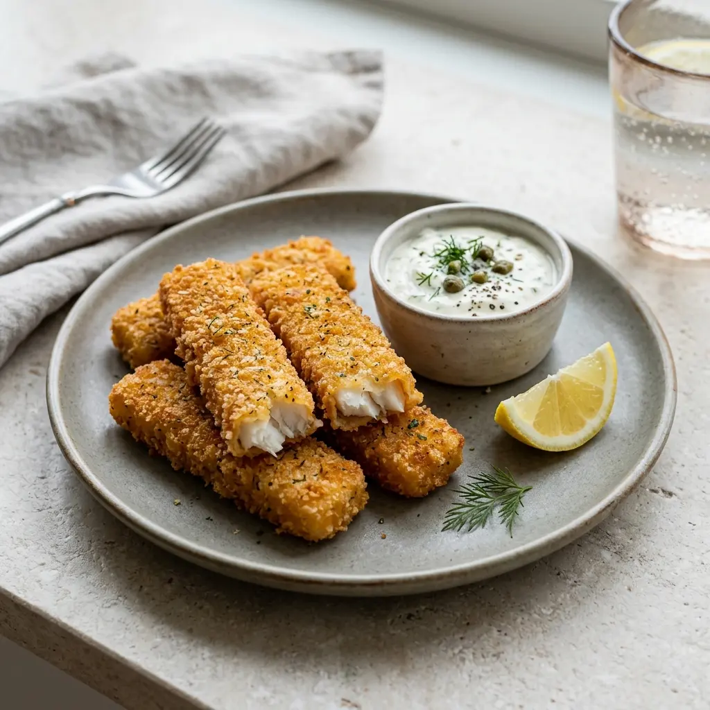 自家製フィッシュスティック、きつね色に揚げ焼きした白身魚のスティックとレモン