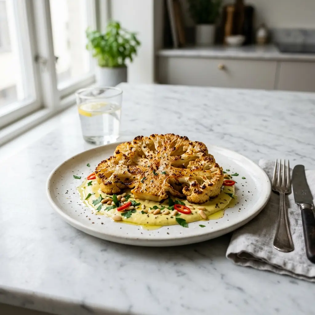 カリフラワーステーキ、焼き色のついた厚切りをお皿に盛り付けたところ