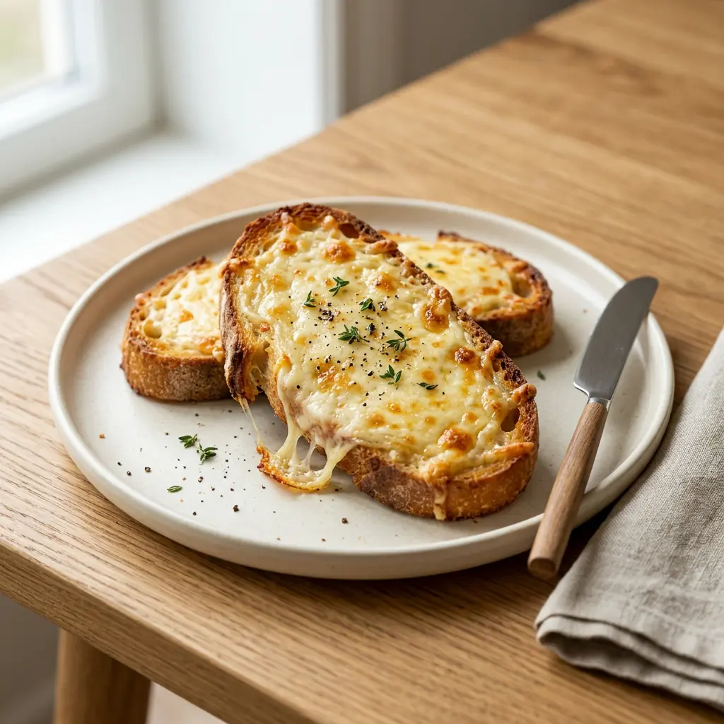 ノンフライヤーで作るチーズトースト、焼き色のついたチーズがのった食パン