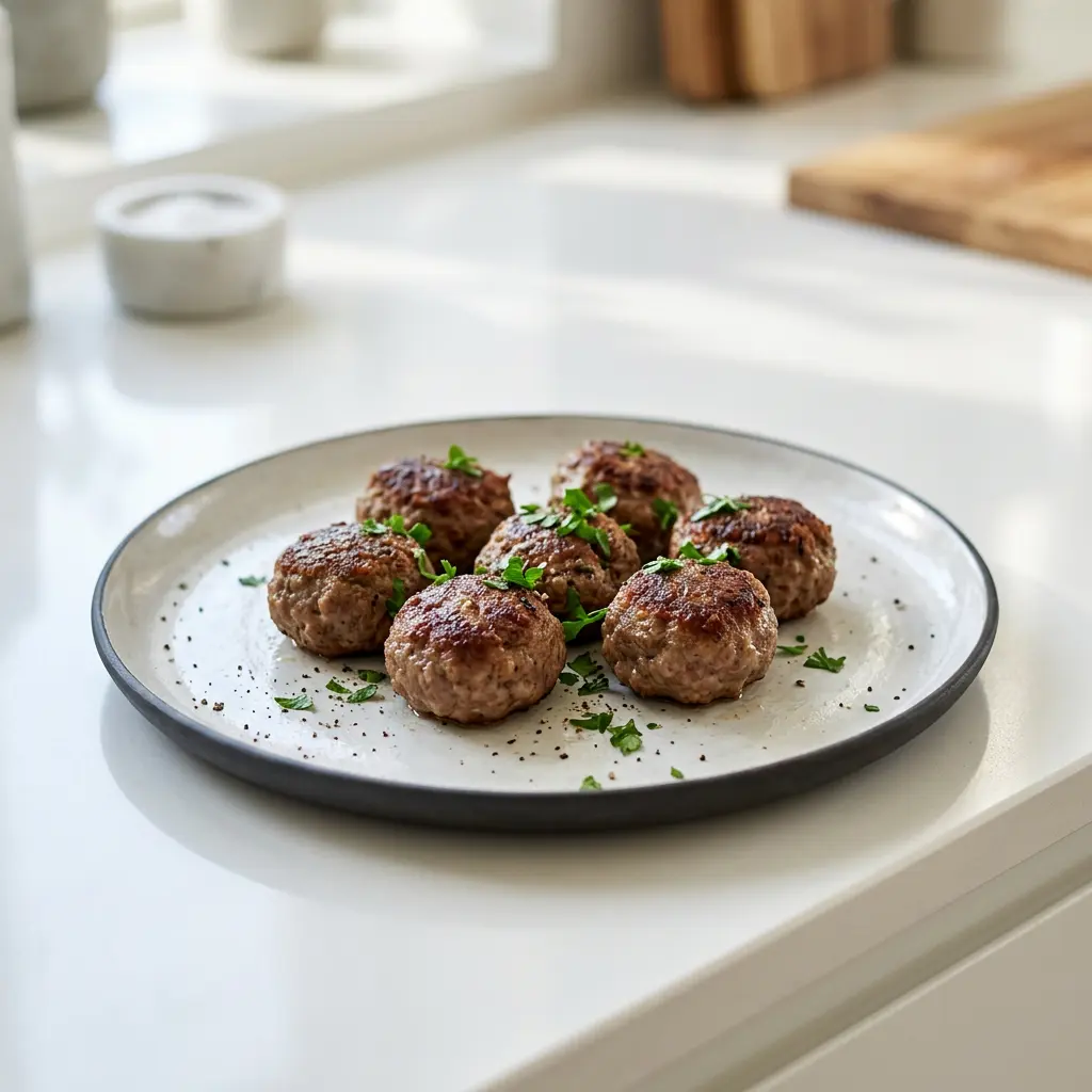ノンフライヤーで作るデンマーク風ミートパティ、焼き色がついた小判形のパティ