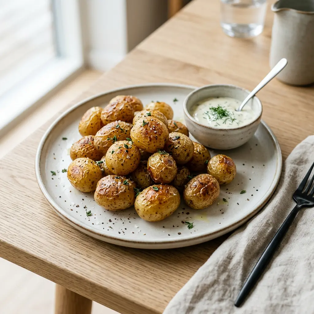 ノンフライヤーで作る小粒じゃがいも、ローズマリーをまぶして焼き色がついた皮つきのじゃがいも