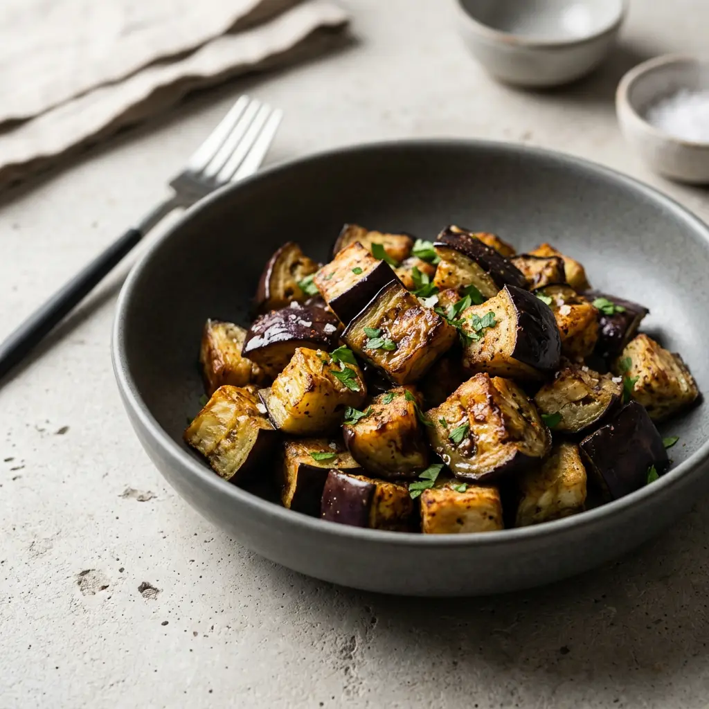 ノンフライヤーで作る茄子、かつお節とおろし生姜をのせた焼き茄子