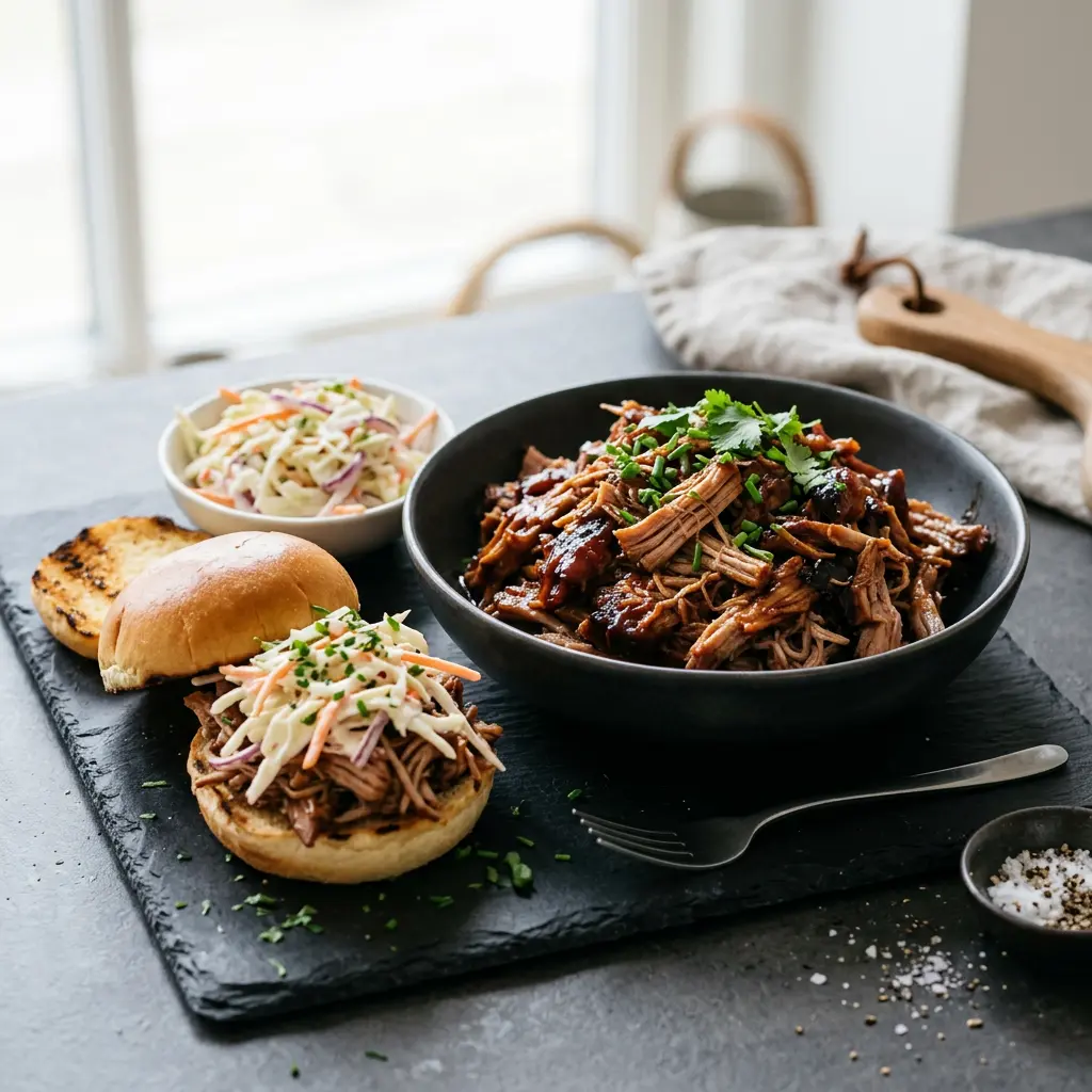 ノンフライヤーで作るプルドポーク、フォークでほぐした豚肉とBBQソース