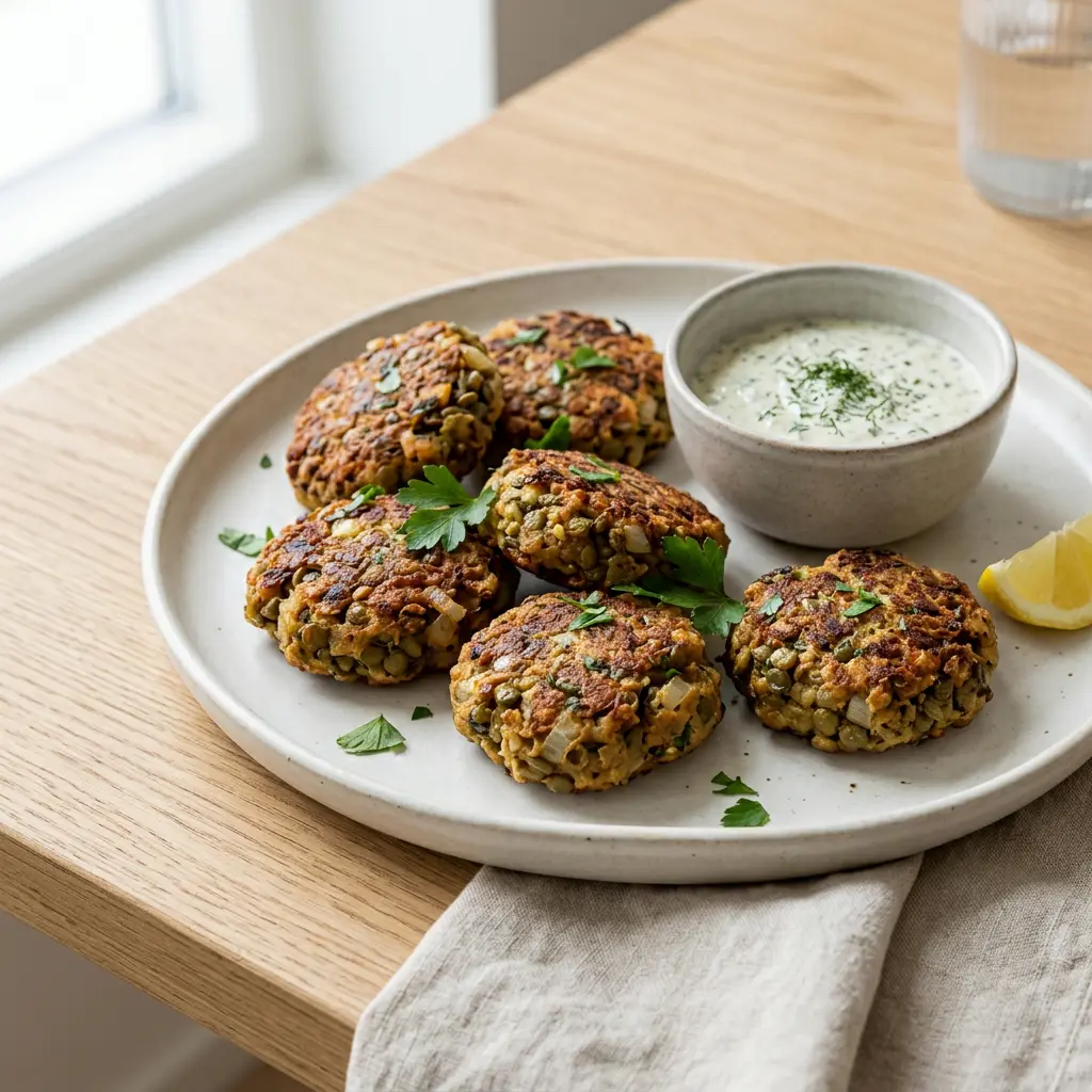 ノンフライヤーで作るレンズ豆パティ、こんがり焼けた丸いパティ