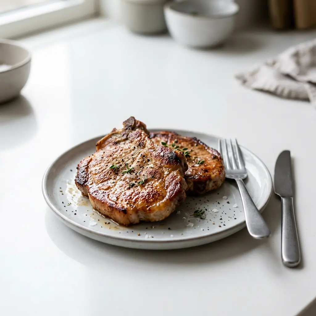 ノンフライヤーで作る豚肩ロースチョップ、こんがり焼き色のついた厚切り2枚