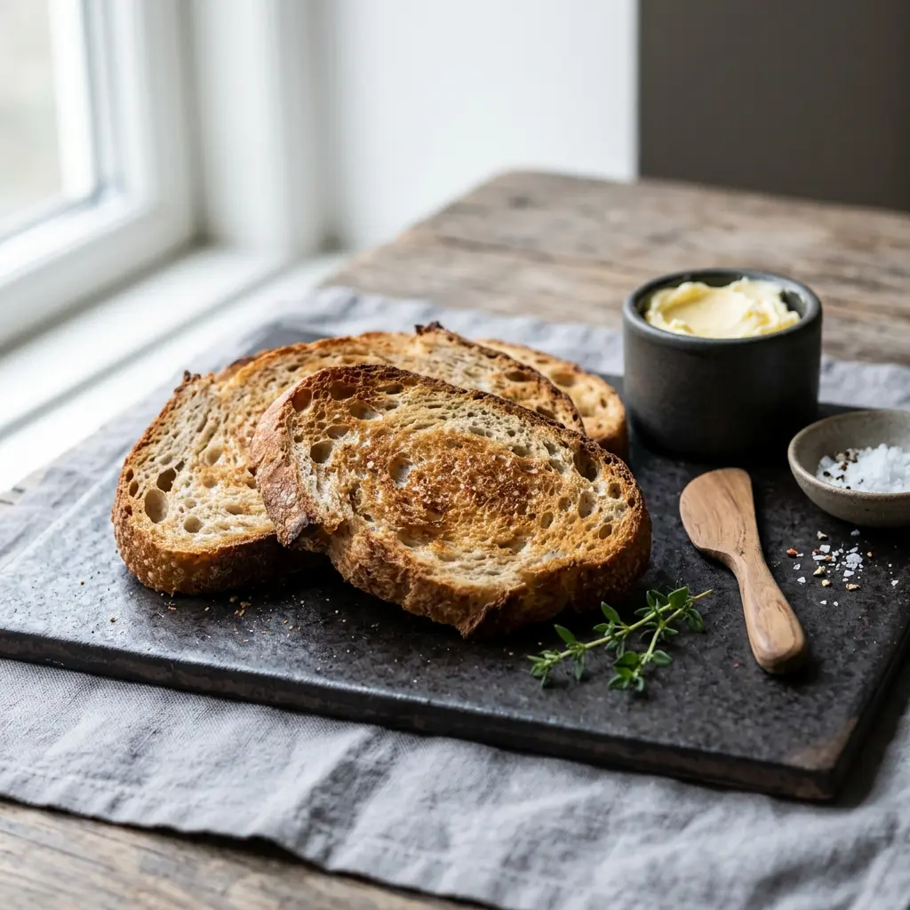 ノンフライヤーで作るトースト、バターを塗って焼き色がついた食パン