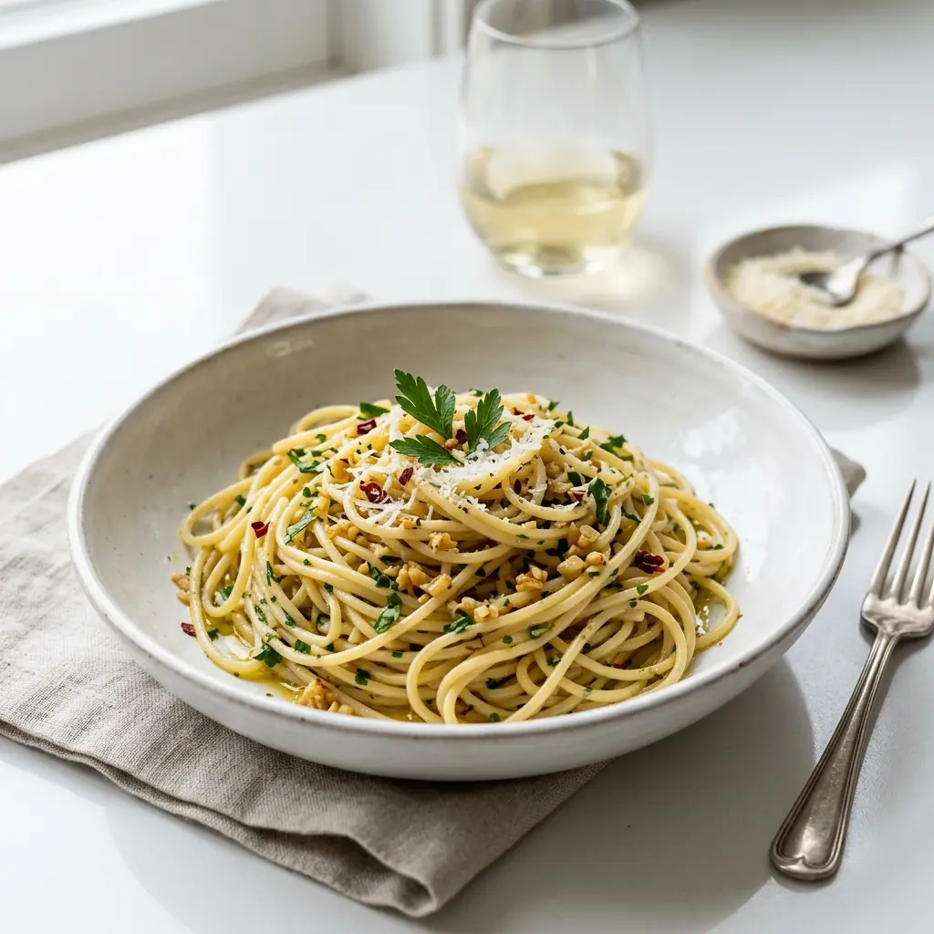 パスタ アーリオ エ オーリオ、パセリを散らしたスパゲッティが2人分盛られた様子