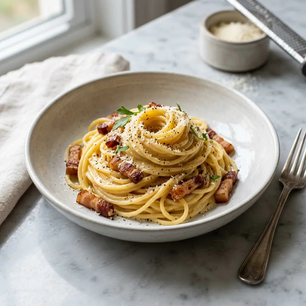 パスタ カルボナーラ、黒こしょうをかけた卵ソースのスパゲッティ