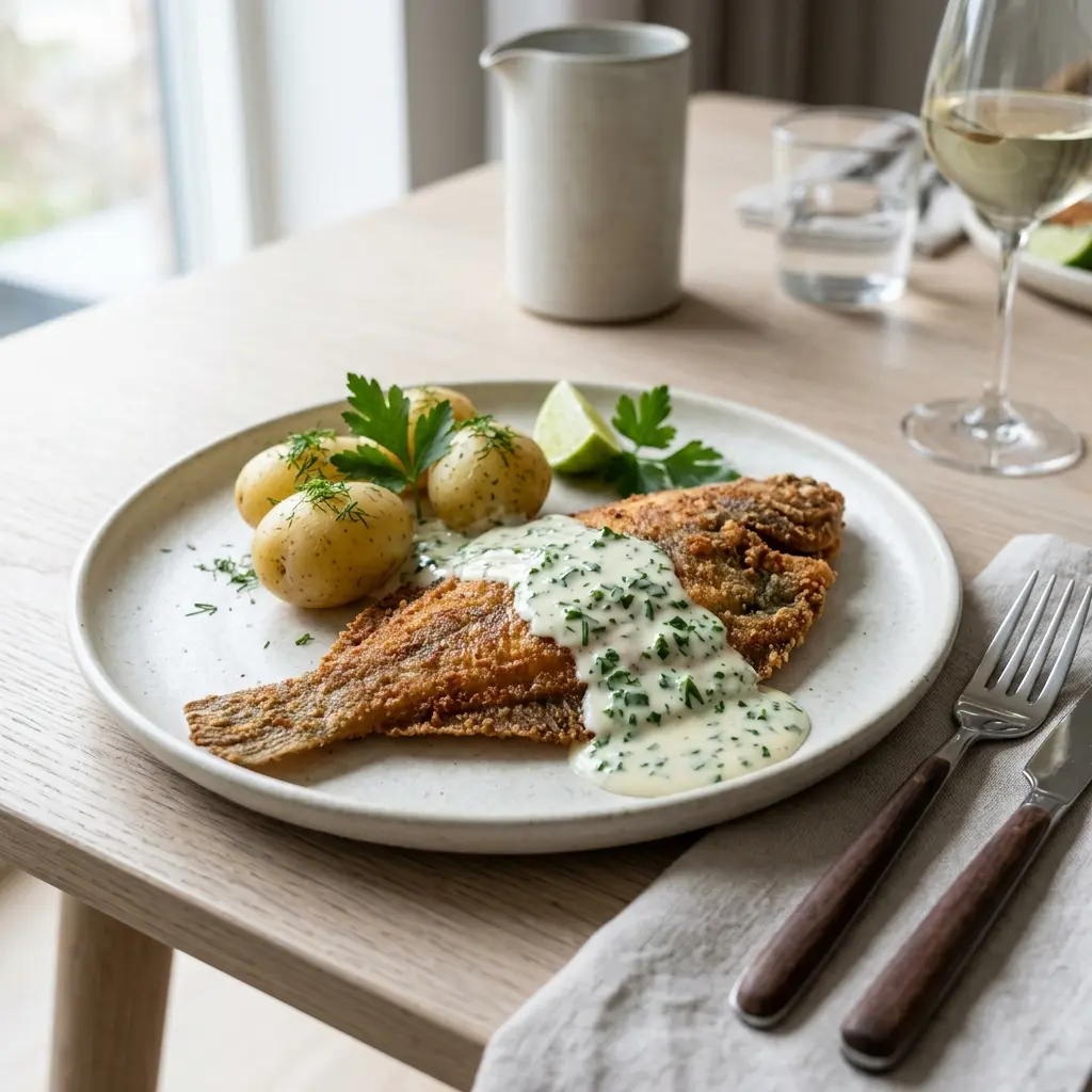プレイスフィレのパセリソース添え、緑のパセリソースをかけた焼き魚とじゃがいも、レモンの盛り付け