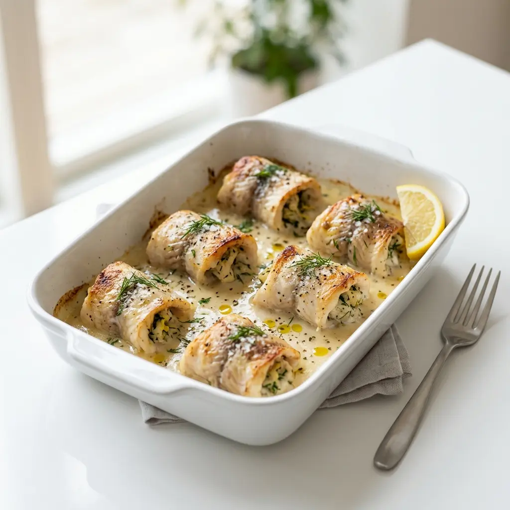 プレイスロールのオーブン焼き、ほうれん草を巻いて耐熱皿に並べた仕上がり